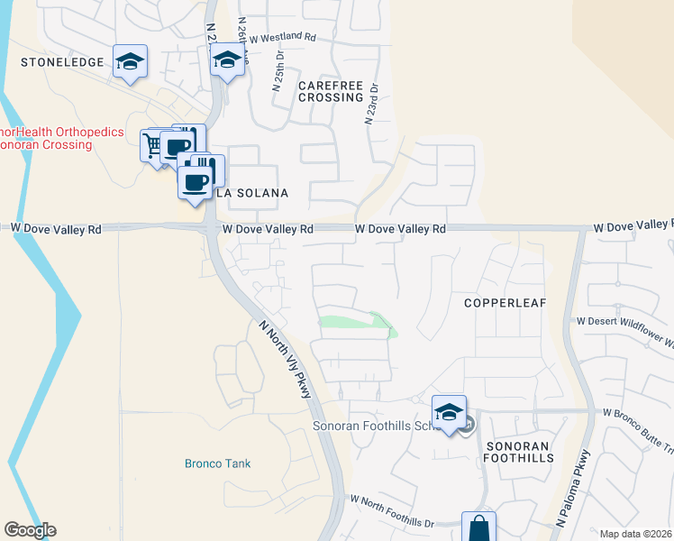 map of restaurants, bars, coffee shops, grocery stores, and more near 2411 West Bramble Berry Lane in Phoenix