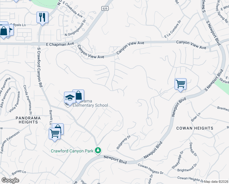 map of restaurants, bars, coffee shops, grocery stores, and more near 6322 East West View Drive in Orange
