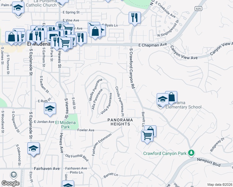 map of restaurants, bars, coffee shops, grocery stores, and more near 12531 Circula Panorama Place in Santa Ana