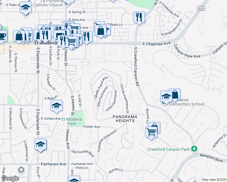 map of restaurants, bars, coffee shops, grocery stores, and more near 12622 Vista Panorama in Santa Ana