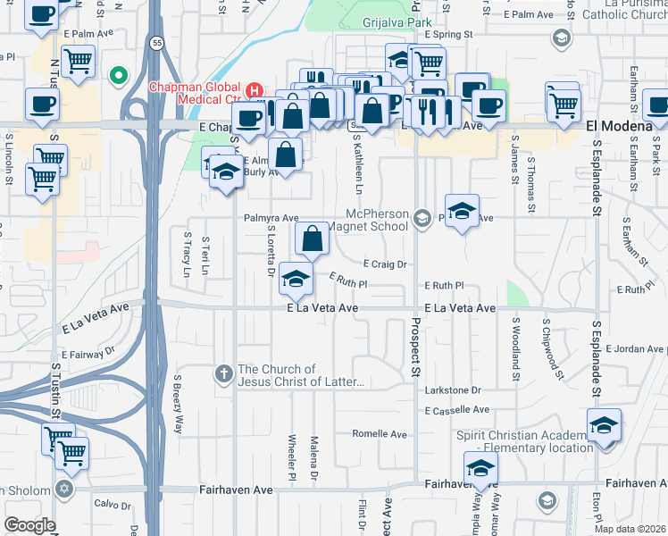 map of restaurants, bars, coffee shops, grocery stores, and more near 447 S Laurinda Ln in Orange
