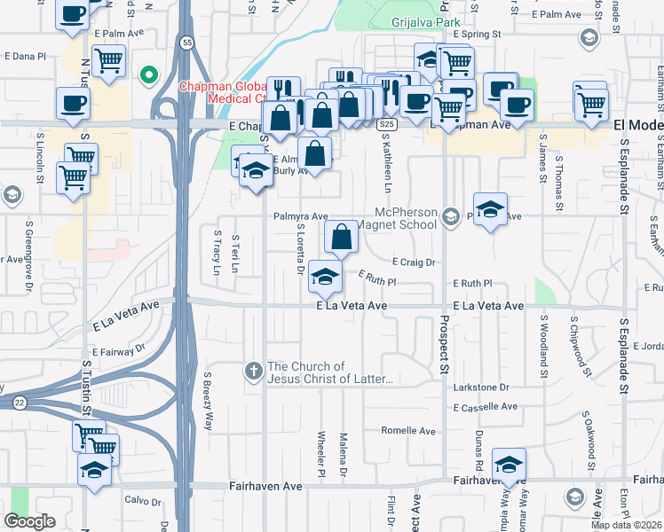 map of restaurants, bars, coffee shops, grocery stores, and more near 438 South Malena Drive in Orange