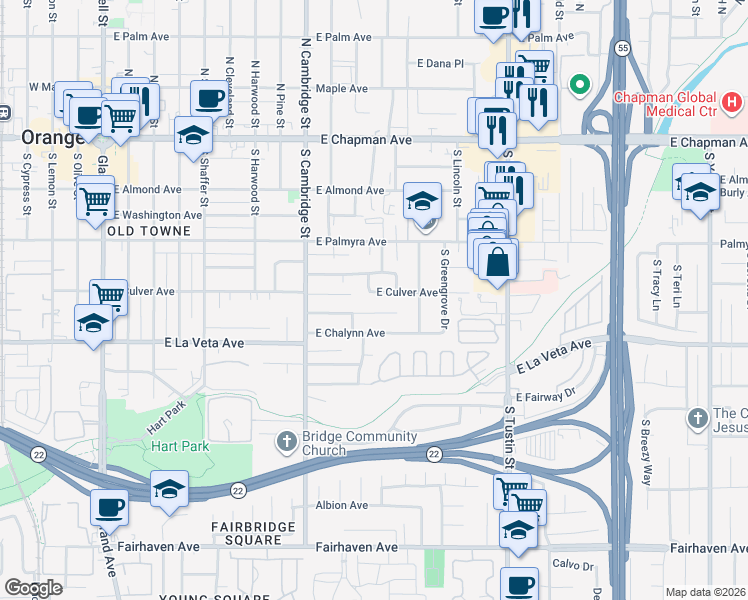 map of restaurants, bars, coffee shops, grocery stores, and more near 1140 East Mardell Avenue in Orange