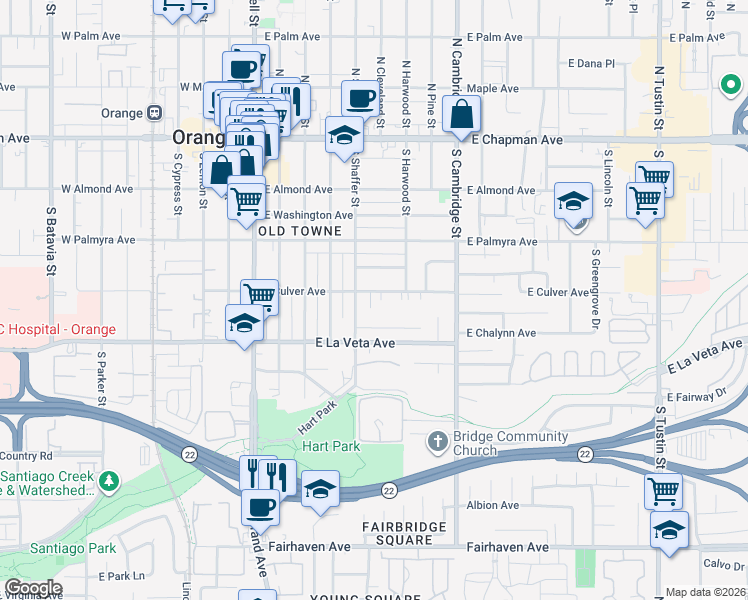 map of restaurants, bars, coffee shops, grocery stores, and more near 603 East Chalynn Circle in Orange