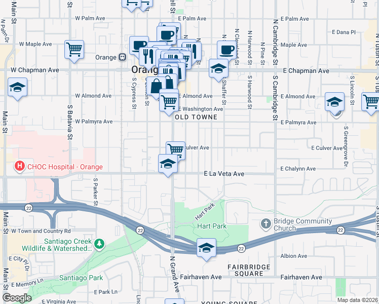 map of restaurants, bars, coffee shops, grocery stores, and more near 453 South Orange Street in Orange