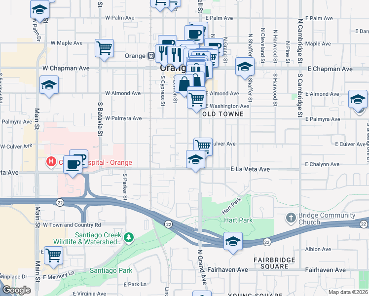map of restaurants, bars, coffee shops, grocery stores, and more near 447 South Lemon Street in Orange