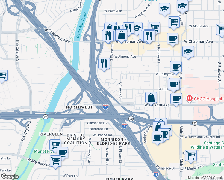map of restaurants, bars, coffee shops, grocery stores, and more near 400 South Flower Street in Orange