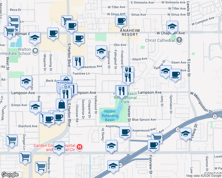 map of restaurants, bars, coffee shops, grocery stores, and more near 12511 Sungrove Circle in Garden Grove