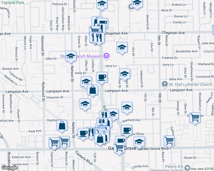 map of restaurants, bars, coffee shops, grocery stores, and more near in Garden Grove