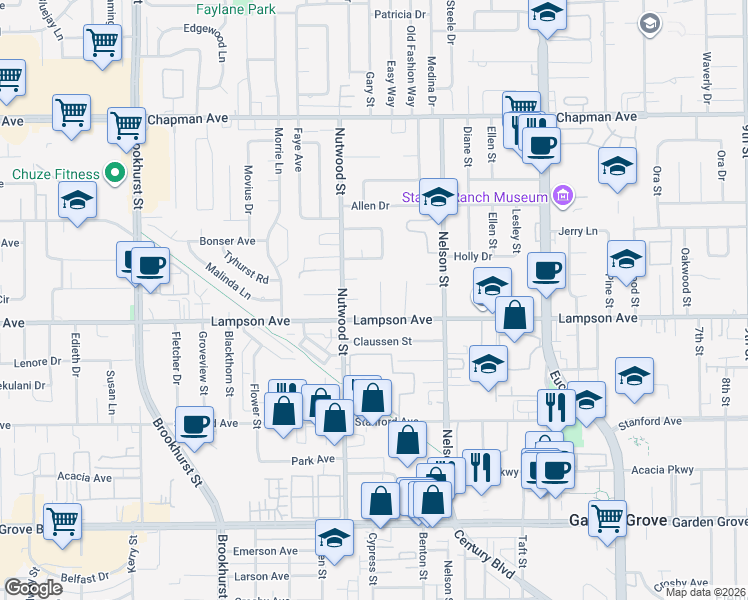 map of restaurants, bars, coffee shops, grocery stores, and more near 12472 McLeod Street in Garden Grove
