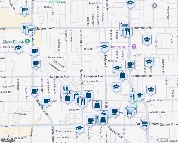 map of restaurants, bars, coffee shops, grocery stores, and more near 12472 McLeod Street in Garden Grove