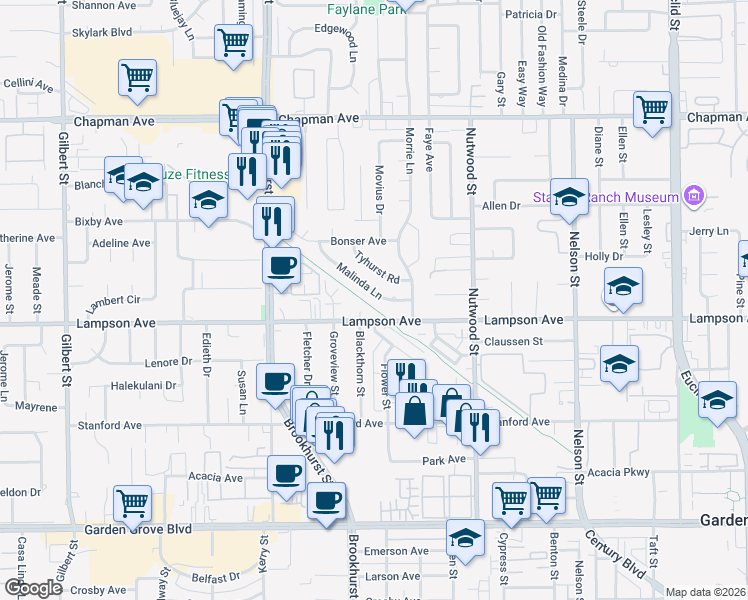 map of restaurants, bars, coffee shops, grocery stores, and more near 10241 Lampson Avenue in Garden Grove