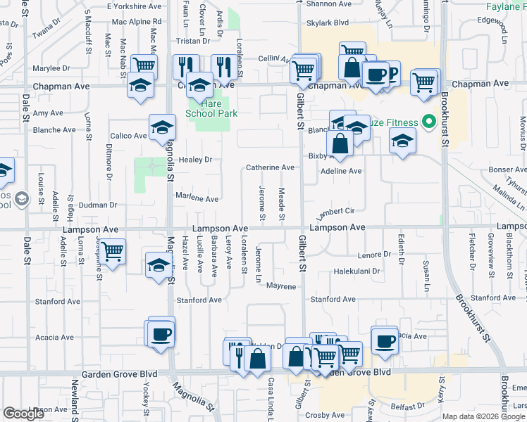map of restaurants, bars, coffee shops, grocery stores, and more near 12461 Meade Street in Garden Grove
