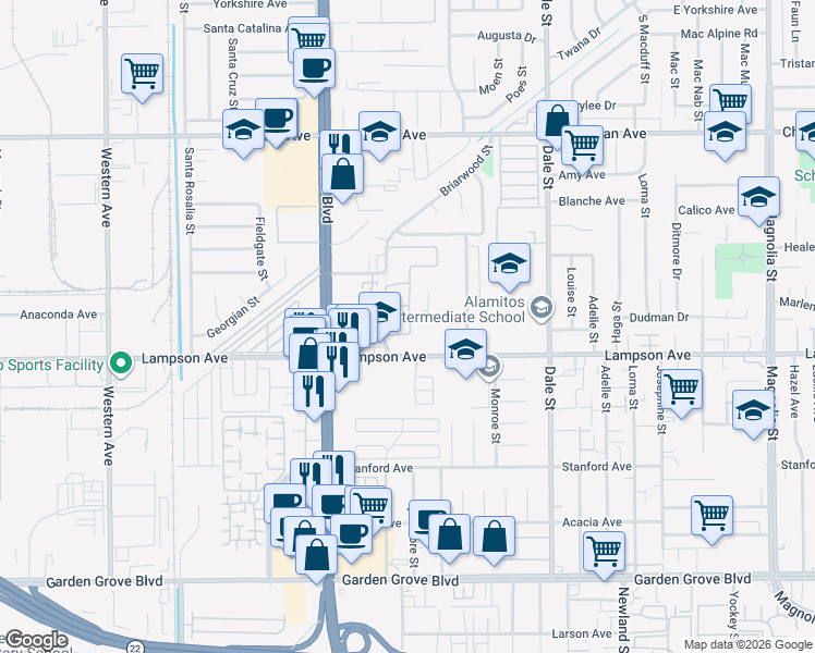 map of restaurants, bars, coffee shops, grocery stores, and more near 8150 Carmel Drive in Stanton