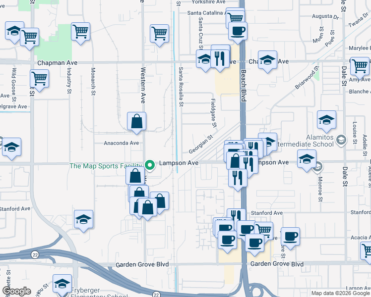 map of restaurants, bars, coffee shops, grocery stores, and more near 12446 Georgian Street in Garden Grove