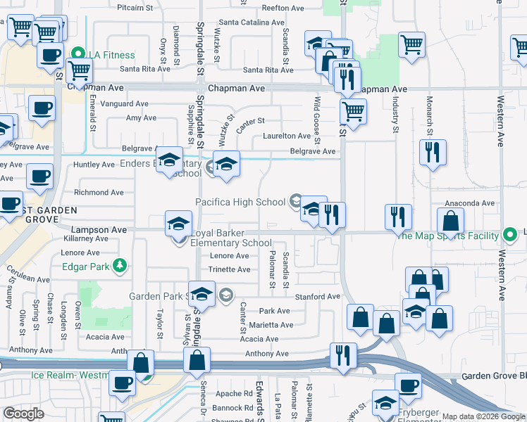 map of restaurants, bars, coffee shops, grocery stores, and more near 12452 Lamplighter Street in Garden Grove