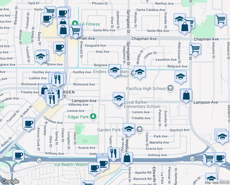 map of restaurants, bars, coffee shops, grocery stores, and more near 12461 Poplar Street in Garden Grove