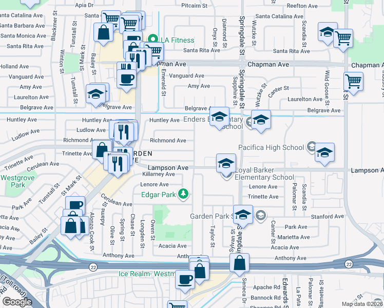 map of restaurants, bars, coffee shops, grocery stores, and more near 6222 Pickett Avenue in Garden Grove