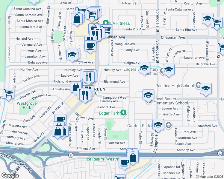 map of restaurants, bars, coffee shops, grocery stores, and more near 6132 Pickett Avenue in Garden Grove