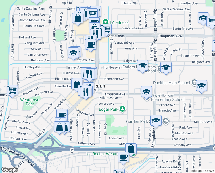 map of restaurants, bars, coffee shops, grocery stores, and more near 6062 Pickett Avenue in Garden Grove