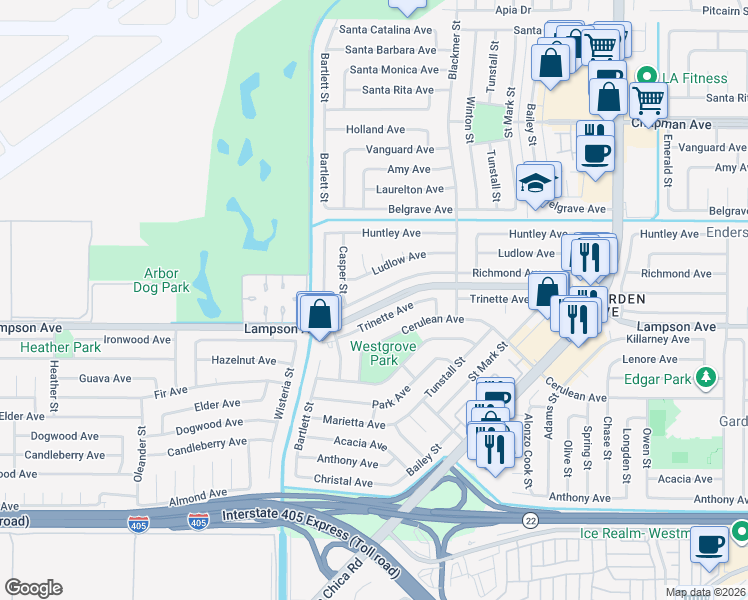 map of restaurants, bars, coffee shops, grocery stores, and more near 5351 Trinette Avenue in Garden Grove