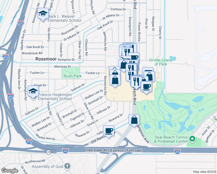 map of restaurants, bars, coffee shops, grocery stores, and more near 12558 Montecito Road in Seal Beach