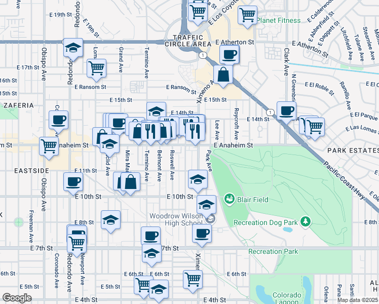 map of restaurants, bars, coffee shops, grocery stores, and more near 1137 Bennett Avenue in Long Beach