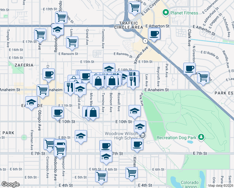 map of restaurants, bars, coffee shops, grocery stores, and more near 1142 Belmont Avenue in Long Beach