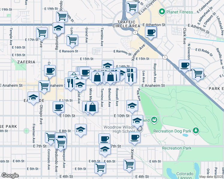 map of restaurants, bars, coffee shops, grocery stores, and more near 1142 Belmont Avenue in Long Beach