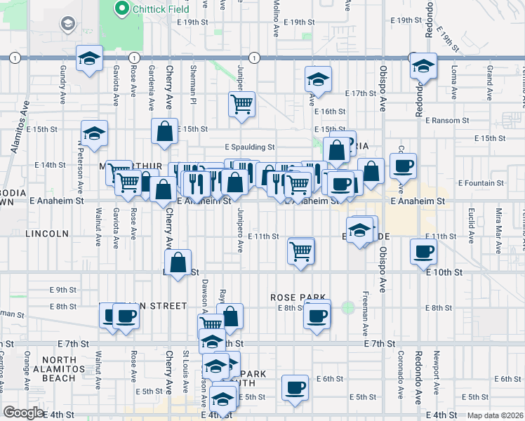 map of restaurants, bars, coffee shops, grocery stores, and more near 1129 Stanley Avenue in Long Beach