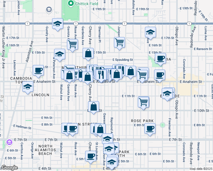 map of restaurants, bars, coffee shops, grocery stores, and more near 1130 Dawson Avenue in Long Beach