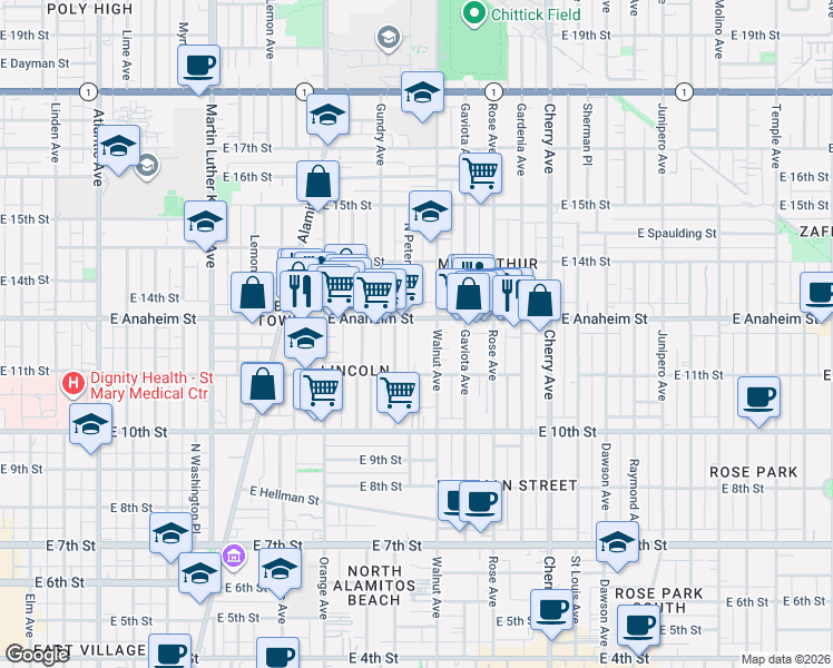 map of restaurants, bars, coffee shops, grocery stores, and more near 1136 Hoffman Avenue in Long Beach
