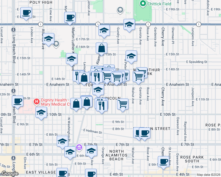 map of restaurants, bars, coffee shops, grocery stores, and more near 1148 Orange Avenue in Long Beach