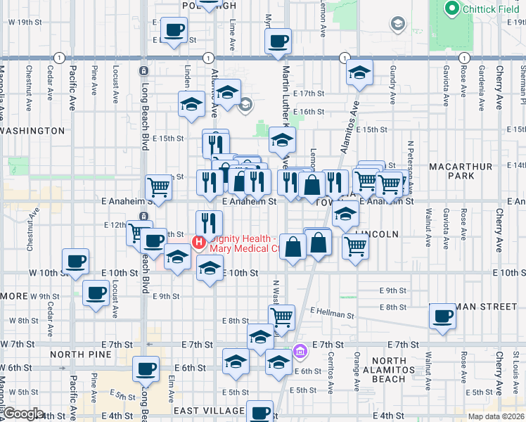 map of restaurants, bars, coffee shops, grocery stores, and more near 1145 Myrtle Avenue in Long Beach