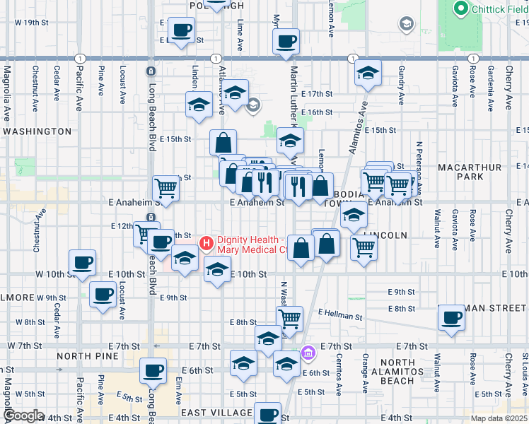 map of restaurants, bars, coffee shops, grocery stores, and more near 1145 Myrtle Avenue in Long Beach