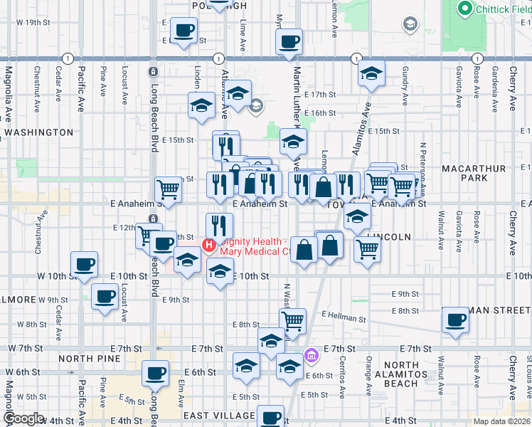 map of restaurants, bars, coffee shops, grocery stores, and more near 1145 Myrtle Avenue in Long Beach