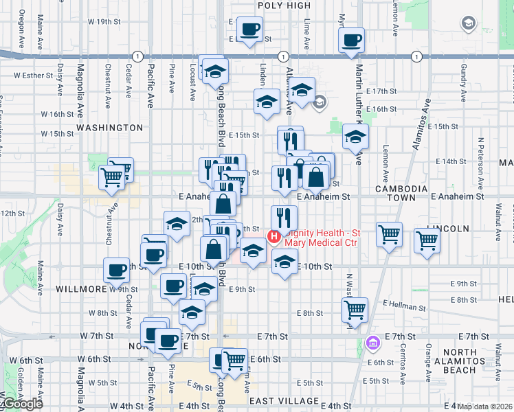 map of restaurants, bars, coffee shops, grocery stores, and more near 1124 Linden Avenue in Long Beach