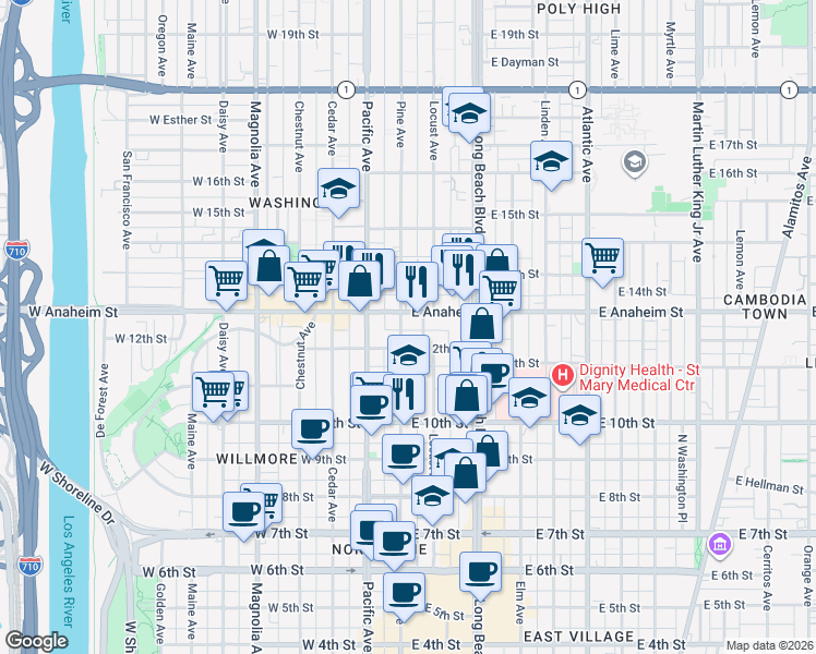 map of restaurants, bars, coffee shops, grocery stores, and more near 1205 Pine Avenue in Long Beach
