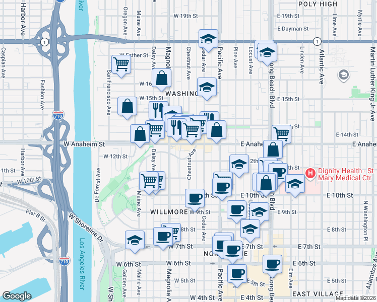 map of restaurants, bars, coffee shops, grocery stores, and more near 1248 North Loma Vista Drive in Long Beach