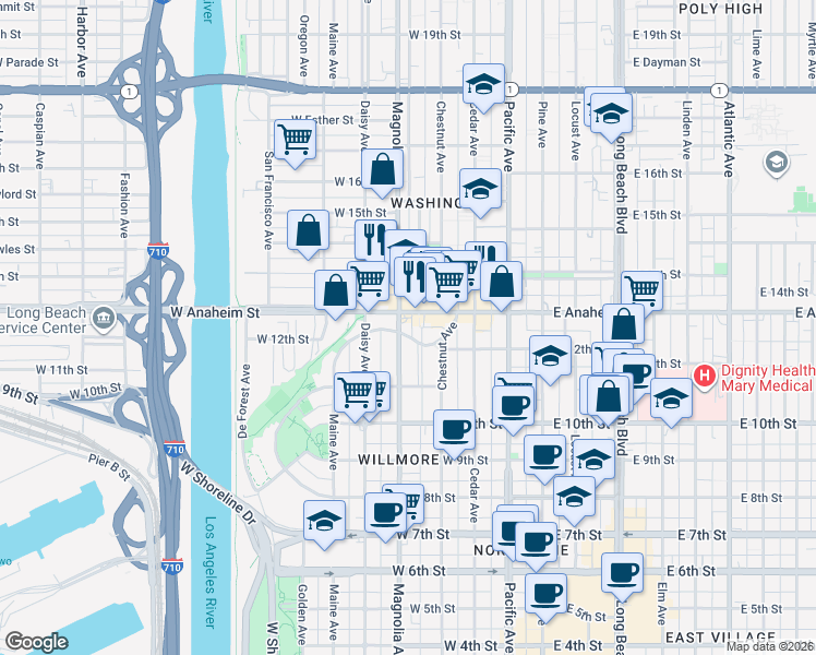 map of restaurants, bars, coffee shops, grocery stores, and more near 1248 North Loma Vista Drive in Long Beach