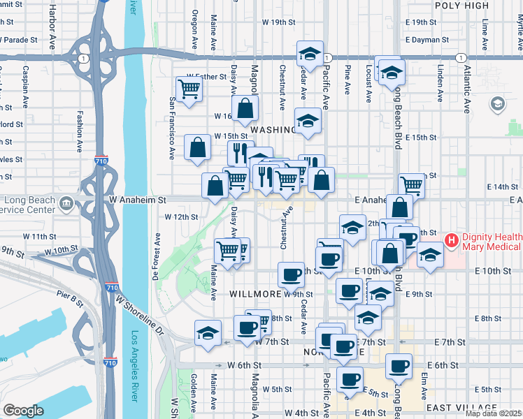 map of restaurants, bars, coffee shops, grocery stores, and more near 1238 Magnolia Avenue in Long Beach