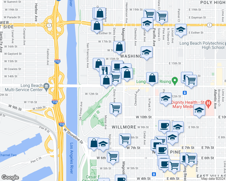 map of restaurants, bars, coffee shops, grocery stores, and more near 1194 North Loma Vista Drive in Long Beach