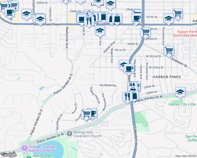 map of restaurants, bars, coffee shops, grocery stores, and more near 2031 Via Madonna in Lomita