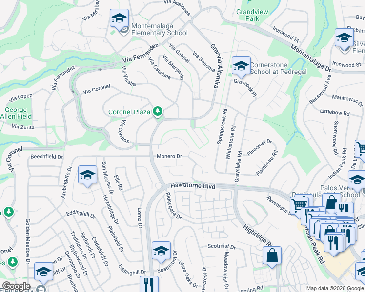 map of restaurants, bars, coffee shops, grocery stores, and more near 6227 Monero Drive in Rancho Palos Verdes