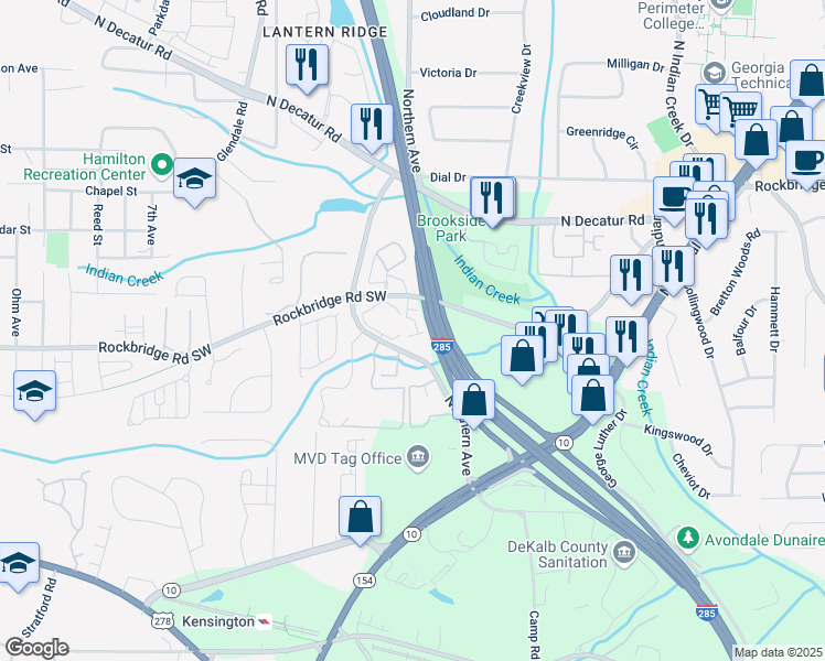 map of restaurants, bars, coffee shops, grocery stores, and more near 788 Brookside Parc Lane in Avondale Estates