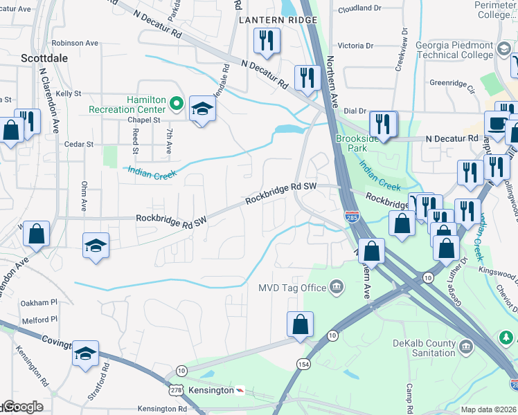map of restaurants, bars, coffee shops, grocery stores, and more near 444 Kensington Parc Drive in Avondale Estates