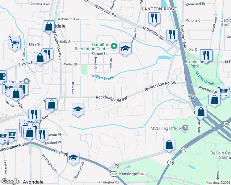 map of restaurants, bars, coffee shops, grocery stores, and more near 575 Cobblestone Trail in Avondale Estates
