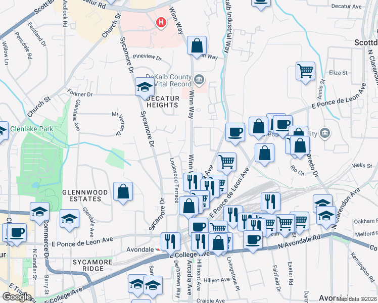 map of restaurants, bars, coffee shops, grocery stores, and more near 8 Fitzgerald Court in Decatur