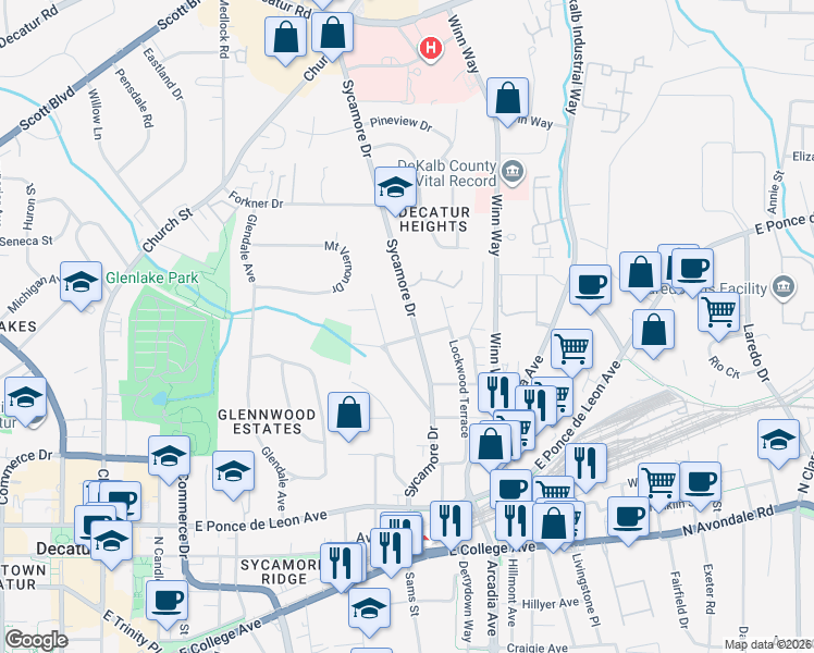 map of restaurants, bars, coffee shops, grocery stores, and more near 181 Ridgeland Avenue in Decatur