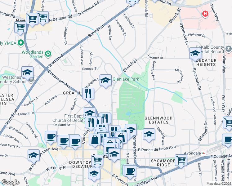 map of restaurants, bars, coffee shops, grocery stores, and more near 20 Candler Grove Drive in Decatur